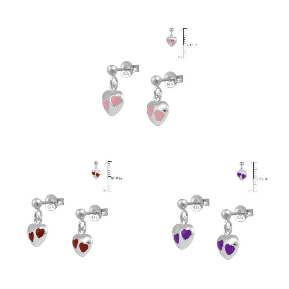 Girl's Sterling Silver Red, Purple Or Pink Enamel Dangling Heart Earrings 2
