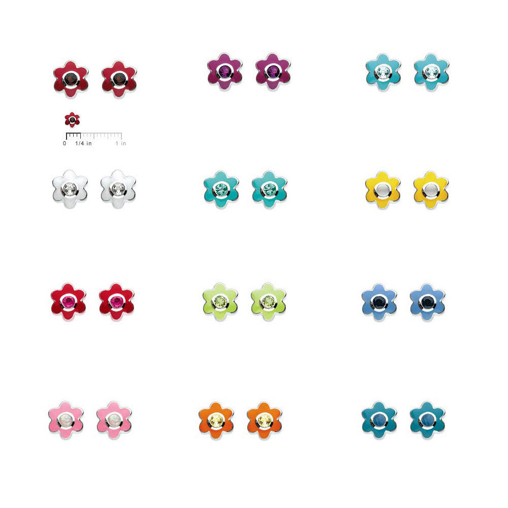 Kids Sterling Silver Simulated Birthstone Flower Stud Earrings For Girls 2