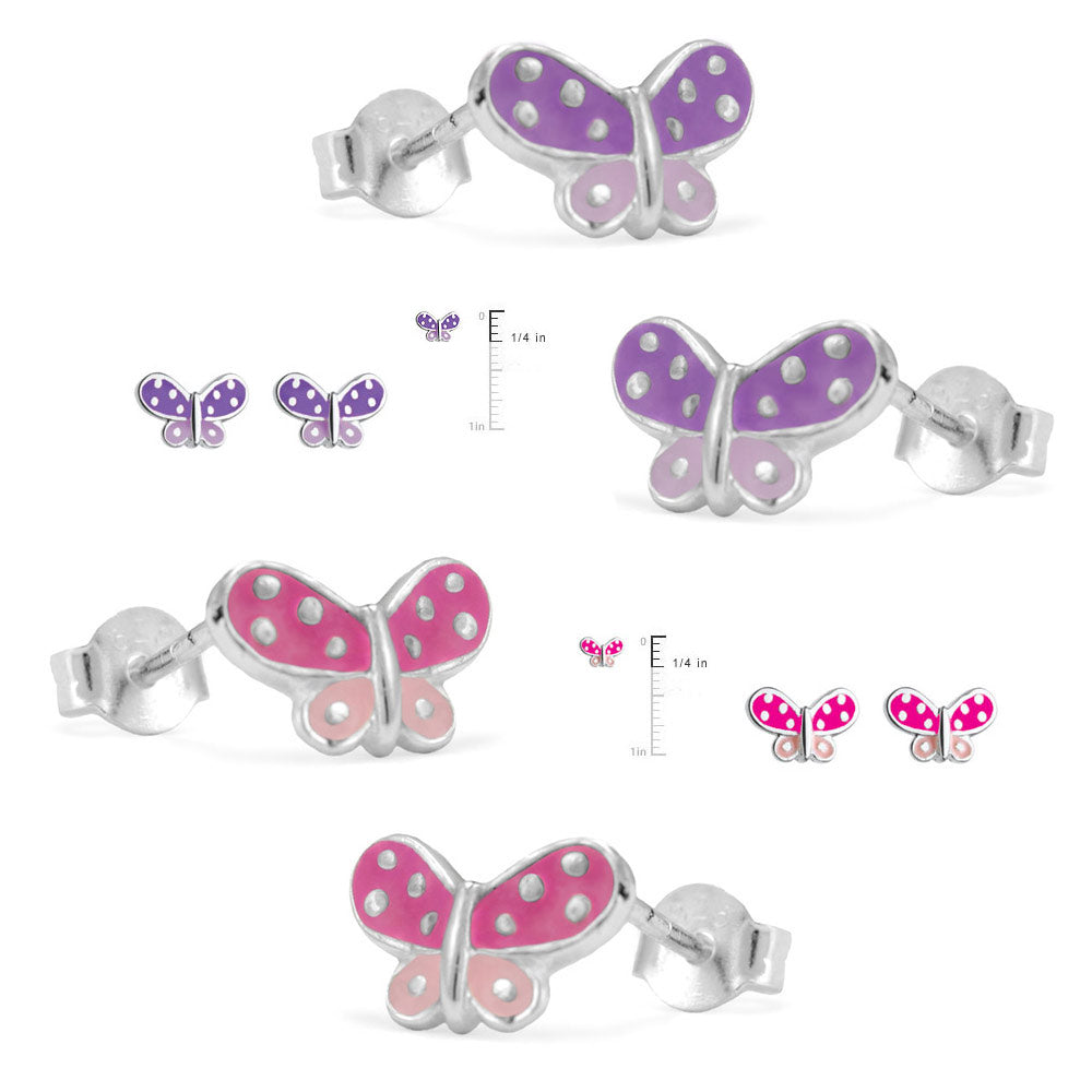 Girl's Jewelry - Sterling Silver Purple Or Pink Enameled Butterfly Earrings 2