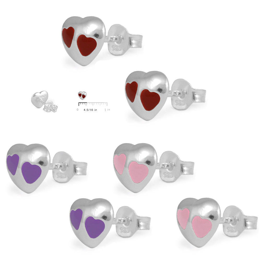 Girl's Sterling Silver Red/Purple/Pink Enameled Heart Stud Earrings 2