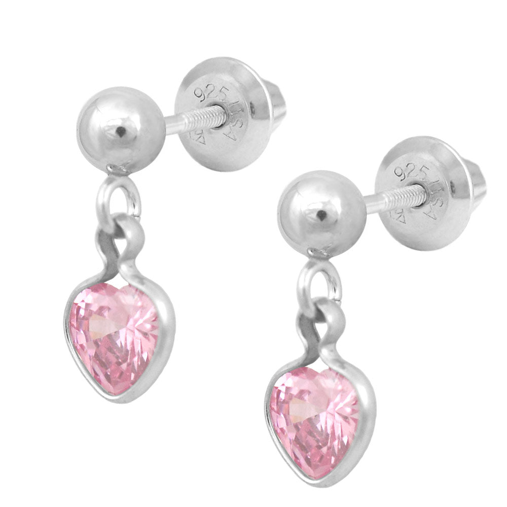 Sterling Silver 4mm Ball Drop Pink CZ Heart Screw Back Girls Earrings 1