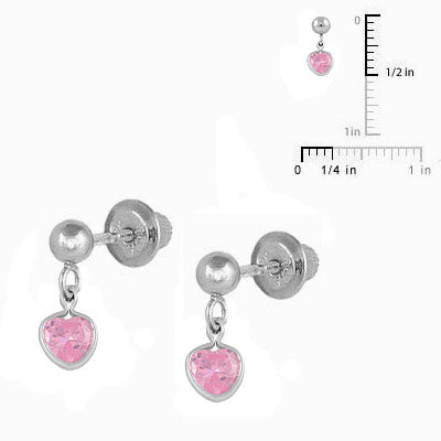 Sterling Silver 4mm Ball Drop Pink CZ Heart Screw Back Girls Earrings 2