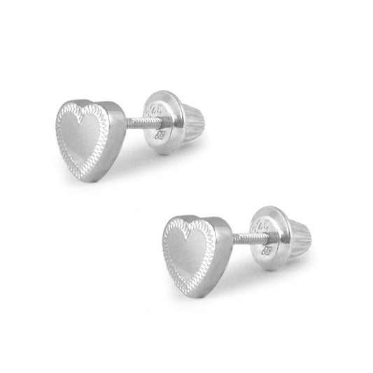 Girls Jewelry - Sterling Silver Etched Edge Heart Screw Back Earrings 1