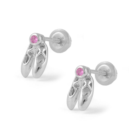 Girl's Sterling Silver Pink CZ Ballet Shoe Screw Back Stud Earrings 1