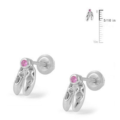 Girl's Sterling Silver Pink CZ Ballet Shoe Screw Back Stud Earrings 2