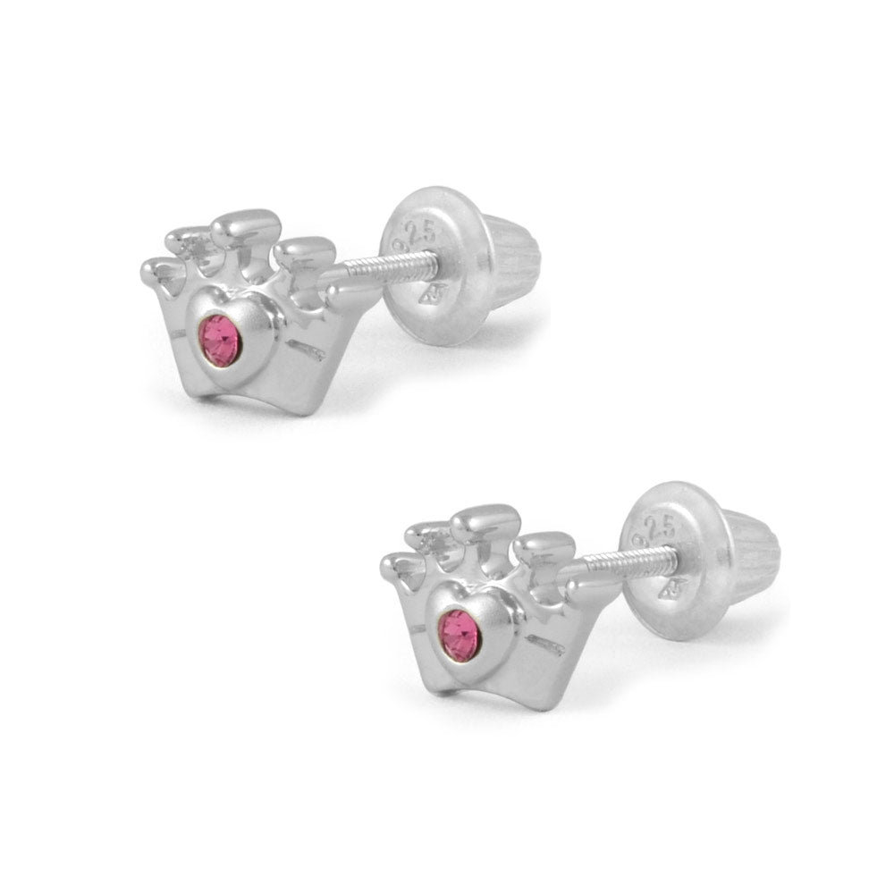 Girl's Jewelry - Silver Diamond Or Pink CZ Princess Crown Screw Back Earrings