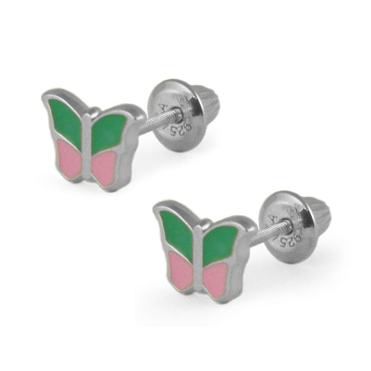 Girls Silver Or 14K Yellow Gold Pink/Green Enamel Butterfly Screw Back Earrings 1