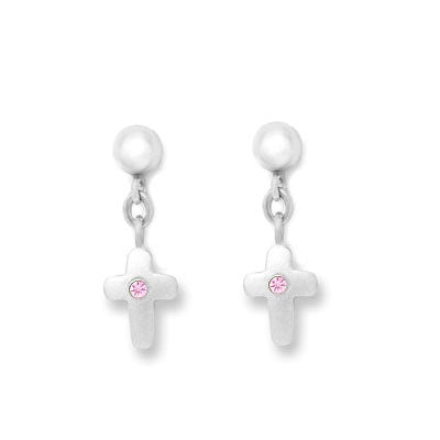 Girl's Sterling Silver Diamond Or Pink Sapphire Accent Dangling Cross Earrings 1
