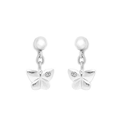 Sterling Silver Diamond Or Pink Sapphire Dangling Butterfly Earrings For Girls