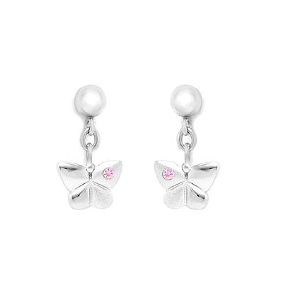Sterling Silver Diamond Or Pink Sapphire Dangling Butterfly Earrings For Girls 1