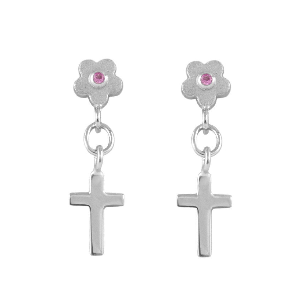 Girl Sterling Silver Diamond/Pink Sapphire Flower Dangle Cross Earrings 1