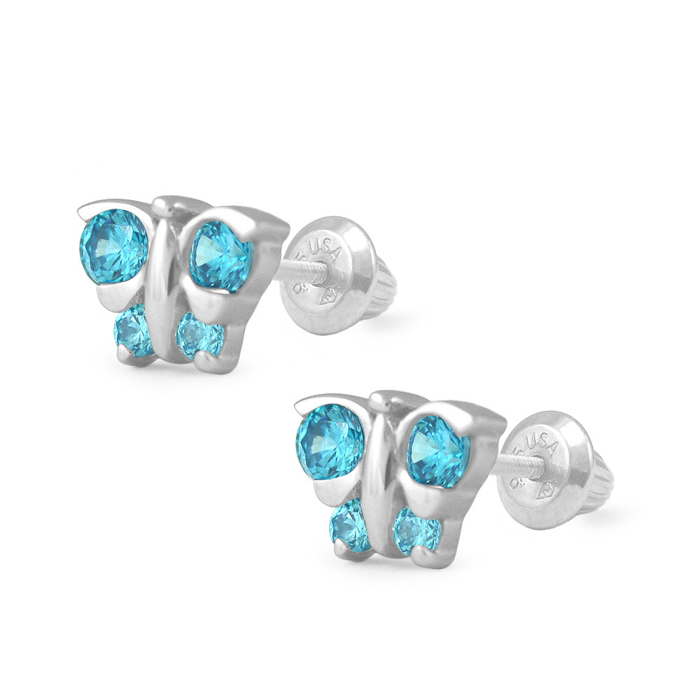 Girl's Sterling Silver Butterfly Birthstone Screw Back Stud Earrings