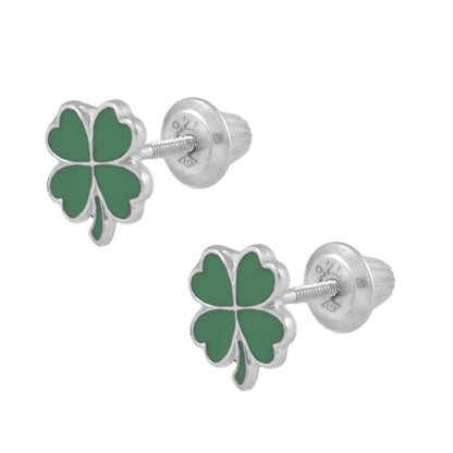 Sterling Silver Green Or Pink 4-Leaf Clover Screw Back Earrings For Girls 1