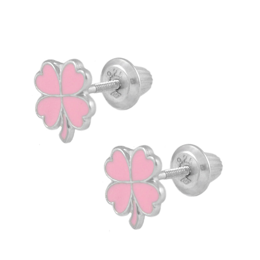 Sterling Silver Green Or Pink 4-Leaf Clover Screw Back Earrings For Girls