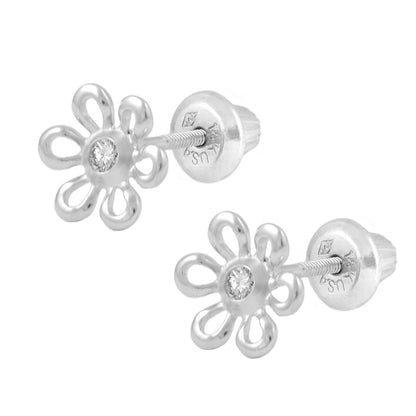 Children And Teens Sterling Silver Diamond Or Pink C.Z. Daisy Screw Back Earrings 1