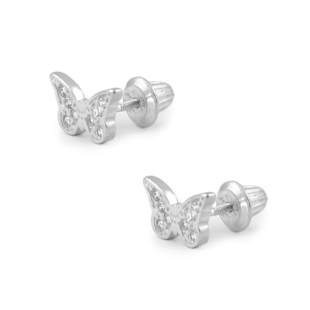 Sterling Silver White Or Pink Cubic Zirconia Butterfly Girls Screw Back Stud Earrings