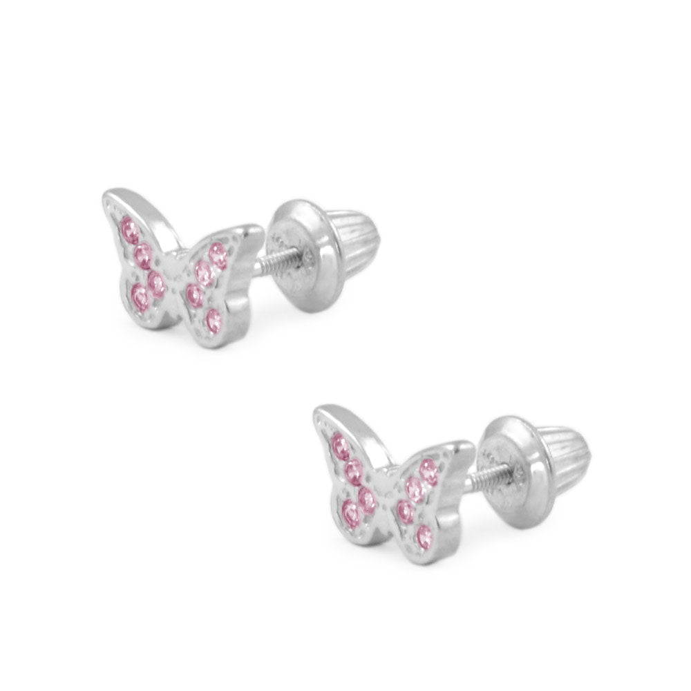 Sterling Silver White Or Pink Cubic Zirconia Butterfly Girls Screw Back Stud Earrings 1