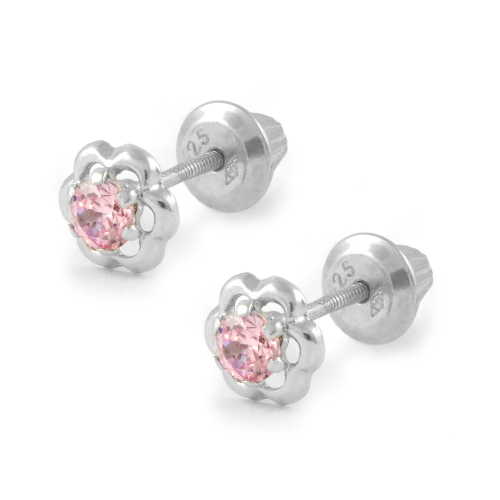 Girl's Gold Or Silver Pink Cubic Zirconia Flower Screw Back Earrings 1