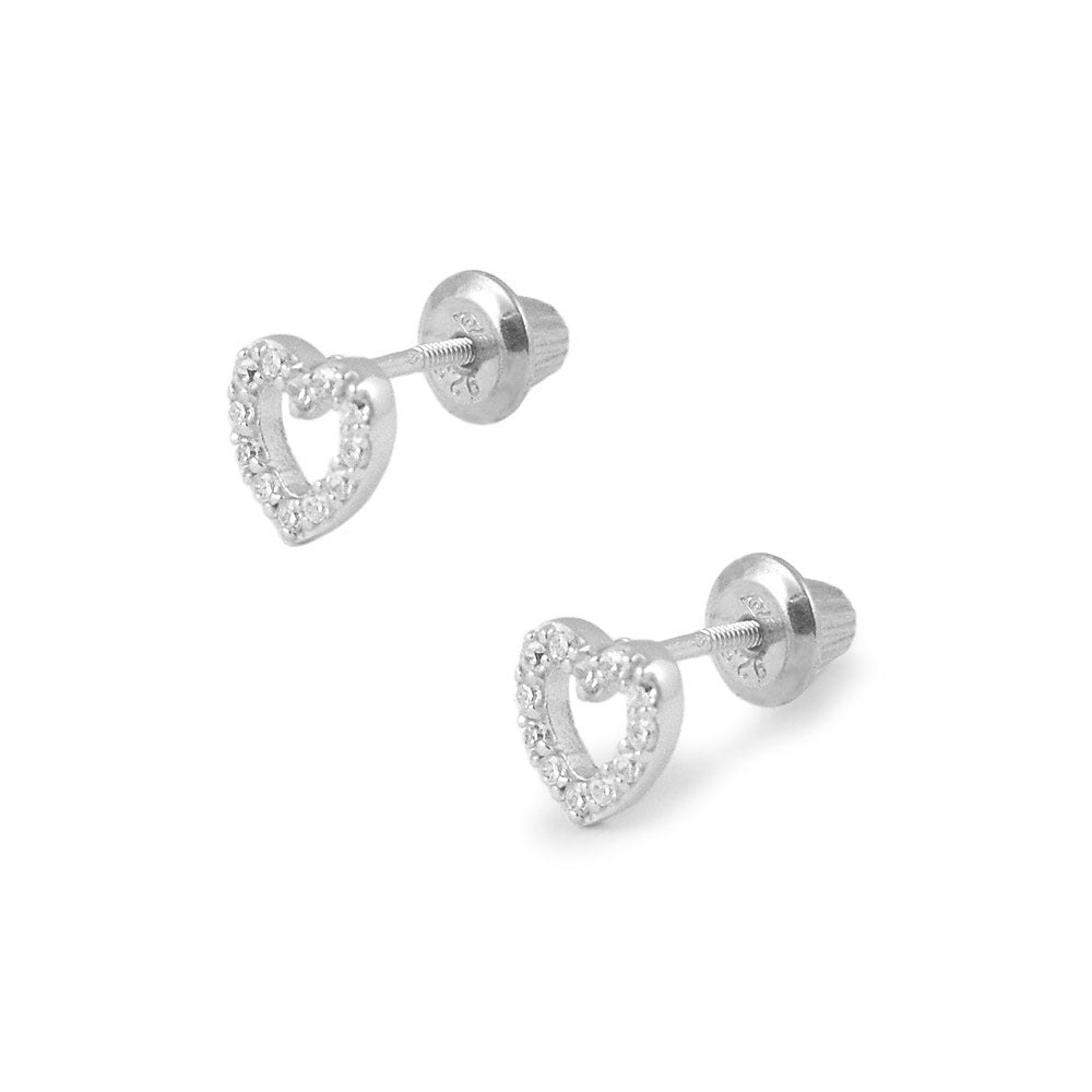 Girl's Sterling Silver White Or Pink C.Z. Open Heart Screw Back Stud Earrings