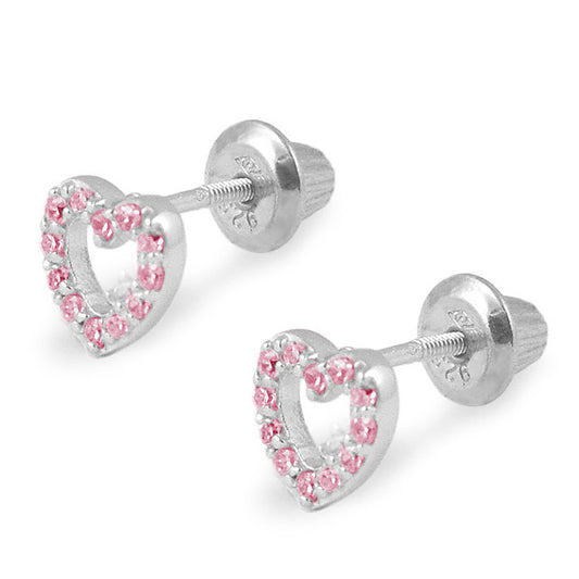 Girl's Sterling Silver White Or Pink C.Z. Open Heart Screw Back Stud Earrings 1