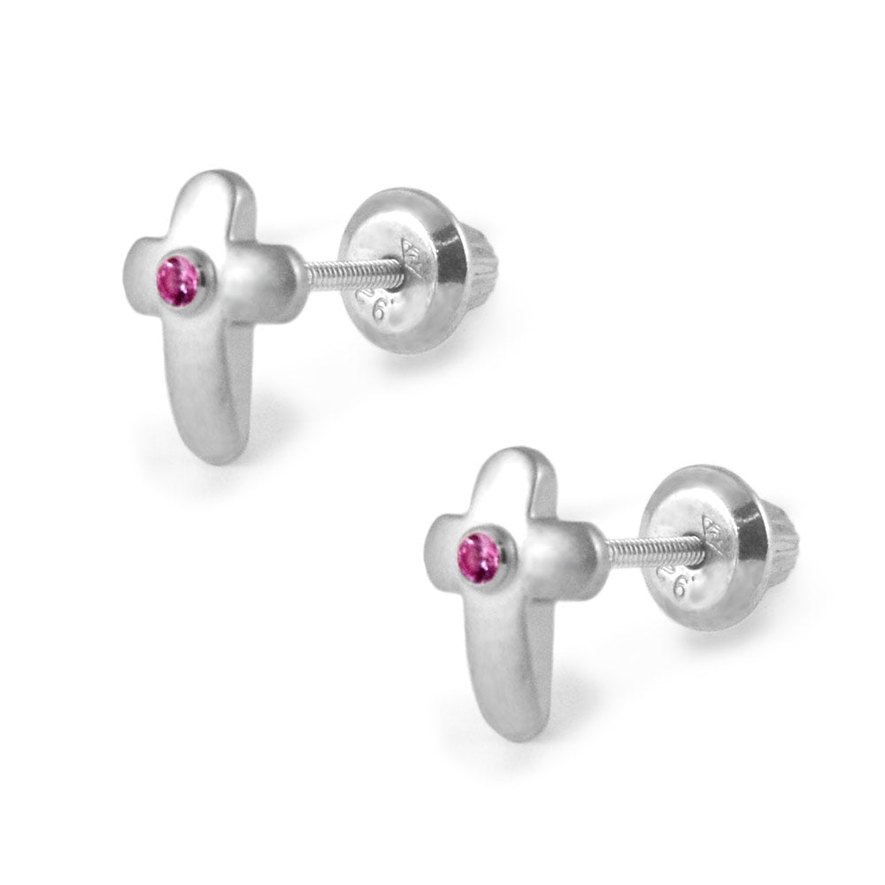 Children Jewelry - Silver Diamond Or Pink Sapphire Cross Girls Screw Back Earrings