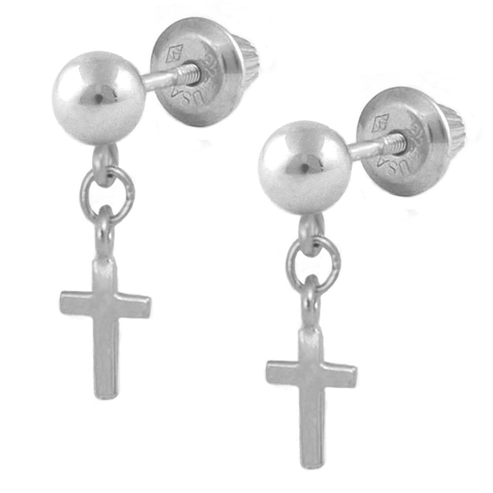 Children And Teens Silver Or Cultured Pearl Ball Dangling Cross Screw Back Earrings