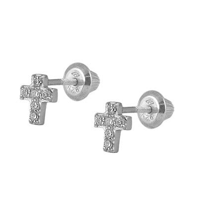 Girl's Sterling Silver Sparkling C.Z. Cross Screw Back Stud Earrings 1