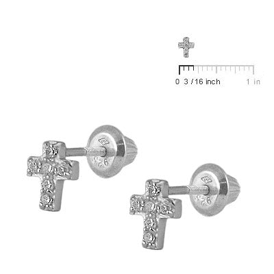 Girl's Sterling Silver Sparkling C.Z. Cross Screw Back Stud Earrings 2