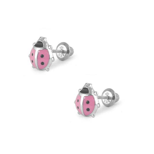 Girl Jewelry - Sterling Silver Pink Or Red Enamel Ladybug Screw Back Earring Studs 1
