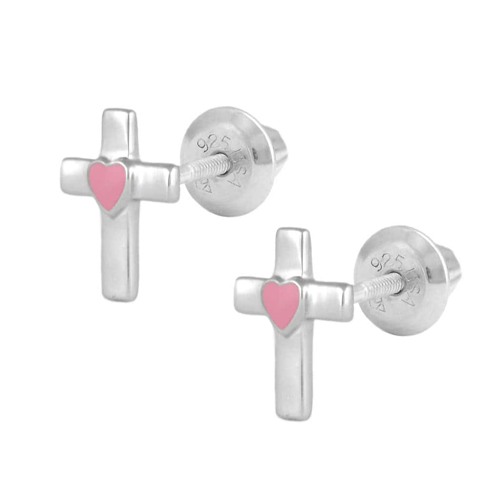 Kids Jewelry - Sterling Silver Pink Heart Cross Screw Back Earrings 1
