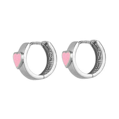 Girl Jewelry - Sterling Silver Pink Enamel Heart Huggie Hoop Earrings 1