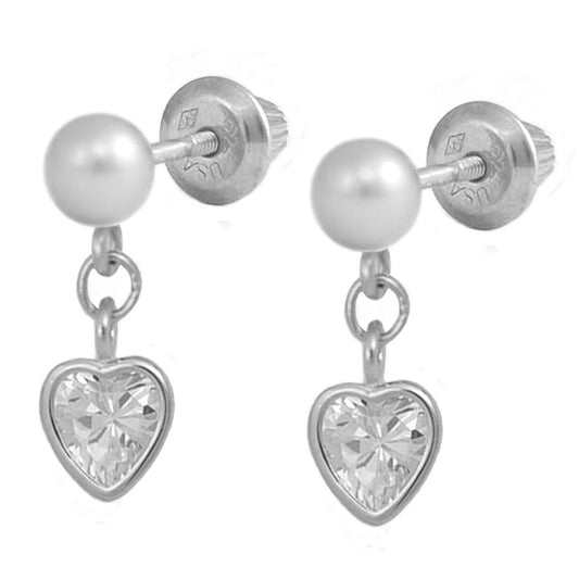 Silver White Cultured Pearl Dangling Heart C.Z. Screw Back Earrings For Girls 1