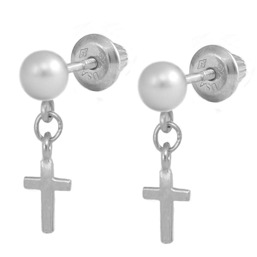 Children And Teens Silver Or Cultured Pearl Ball Dangling Cross Screw Back Earrings 1