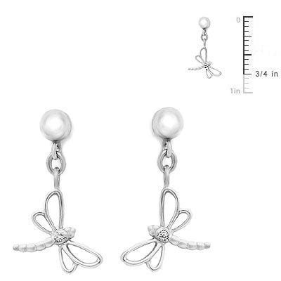 Silver Young Girl's Dangling Dragonfly Earrings With Diamond 1