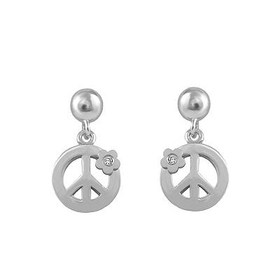 Girl Sterling Silver Diamond/Pink Sapphire Peace Sign Dangle Earrings 1