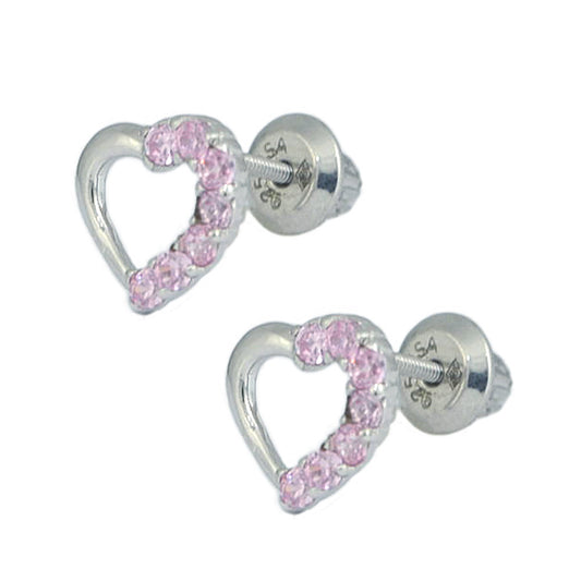 Girl's Sterling Silver Pink/White Cubic Zirconia Open Heart Screw Back Stud Earrings 1