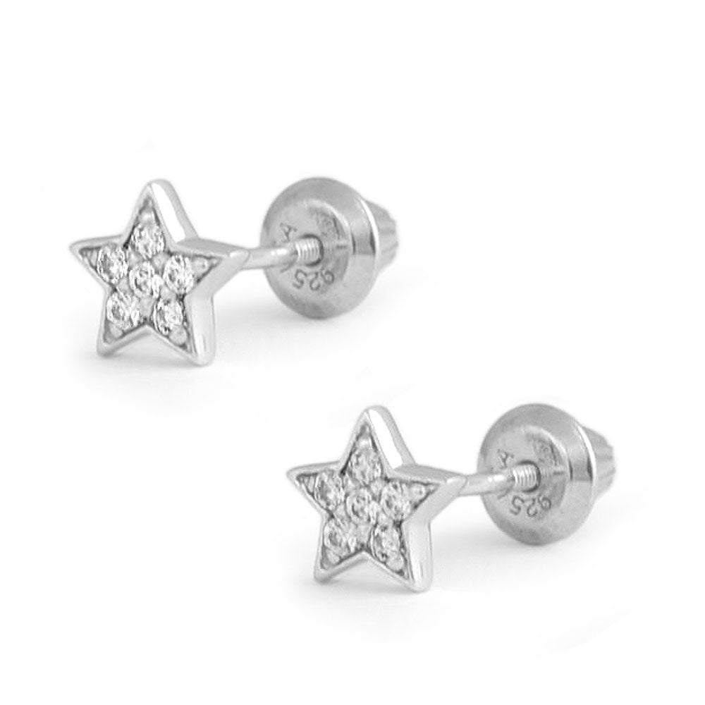 Sterling Silver White Or Pink Cubic Zirconia Star Screw Back Earrings For Girls 1