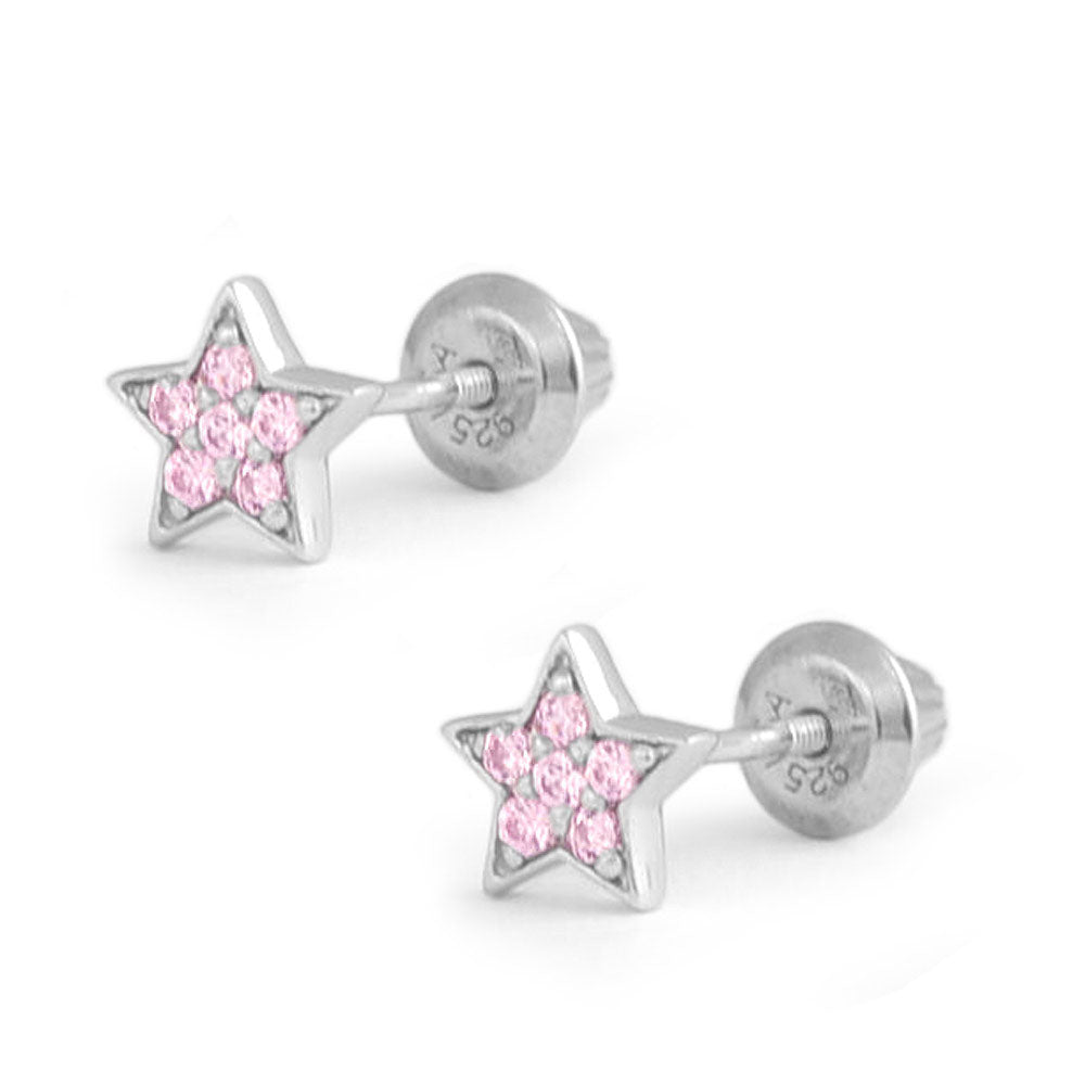 Sterling Silver White Or Pink Cubic Zirconia Star Screw Back Earrings For Girls