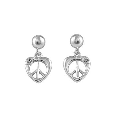 Girl Sterling Silver Diamond/Pink Sapphire Peace Sign Dangle Earrings