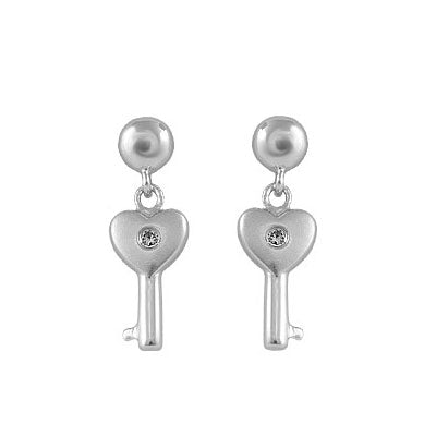 Girl's Sterling Silver Diamond/Pink Sapphire Dangle Key Earrings 1