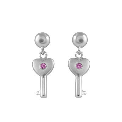 Girl's Sterling Silver Diamond/Pink Sapphire Dangle Key Earrings