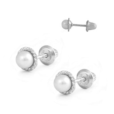 Girls Sterling Silver White Cultured Pearl Screw Back Stud Earrings 2