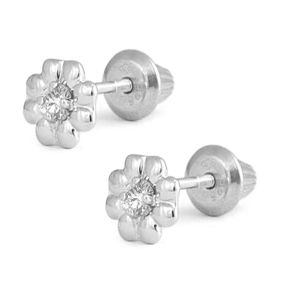 Sterling Silver Diamond Flower Screw Back Stud Earrings For Girls 1