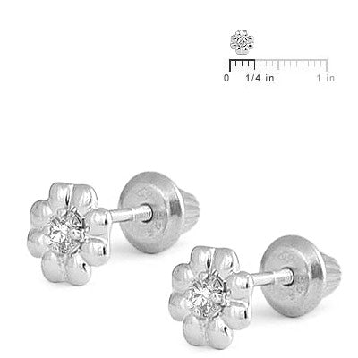 Sterling Silver Diamond Flower Screw Back Stud Earrings For Girls 2