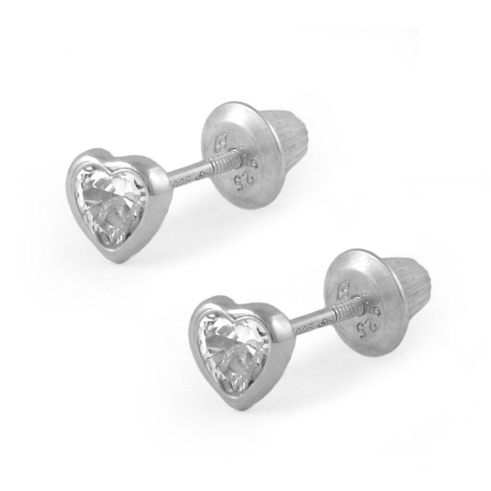 Girl's Sterling Silver Simulated Birthstone Heart Shape Screw Back Stud Earrings