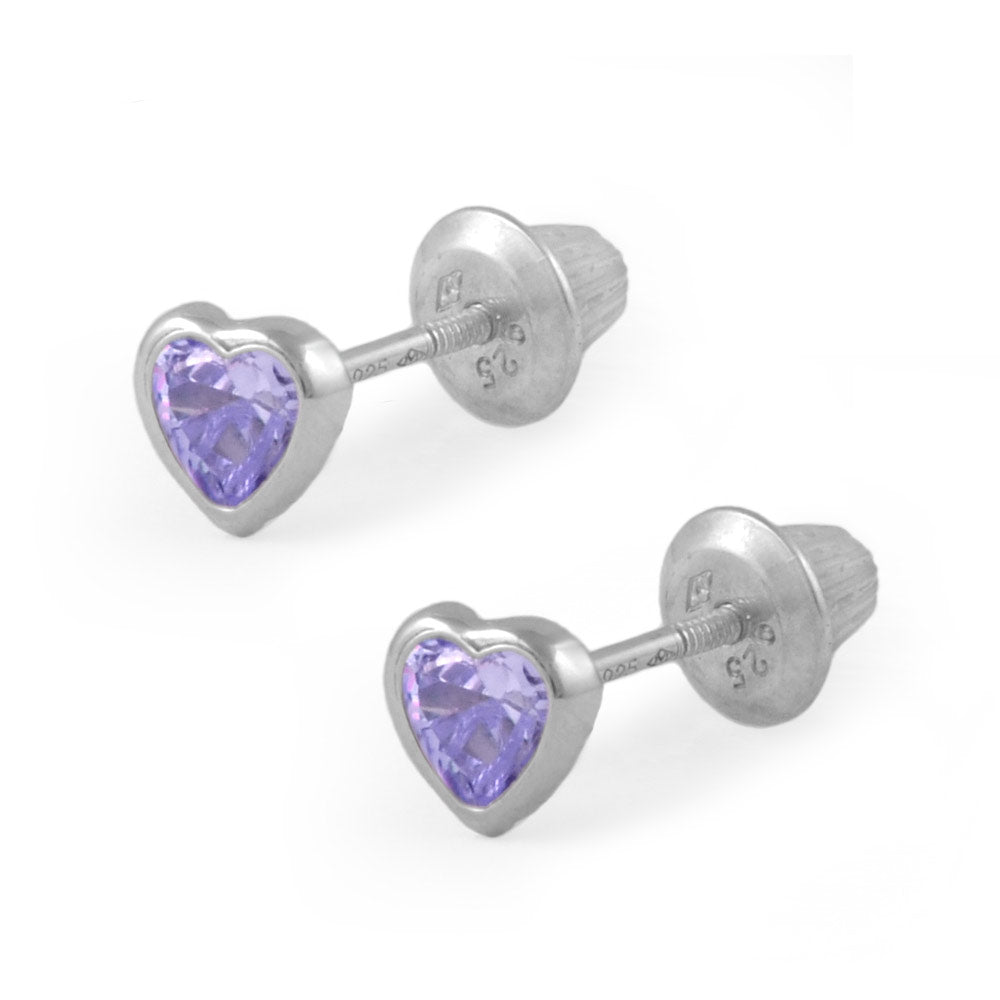 Girl's Sterling Silver Simulated Birthstone Heart Shape Screw Back Stud Earrings