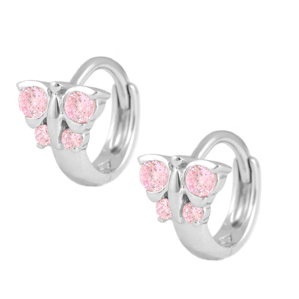 Girl's Jewelry - Sterling Silver Butterfly Pink CZ Hoop Earrings 1