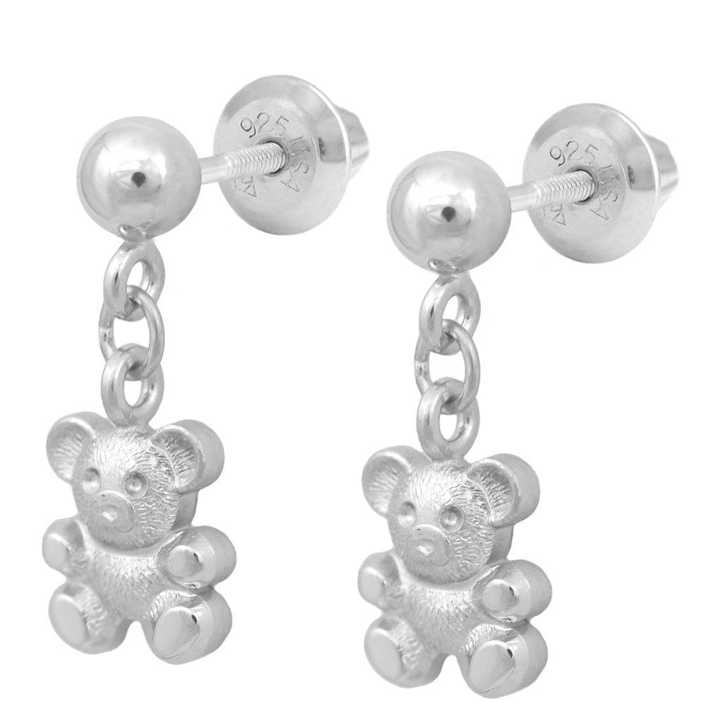 14K Gold Or Silver Teddy Bear Screw Back Earrings For Little Girls