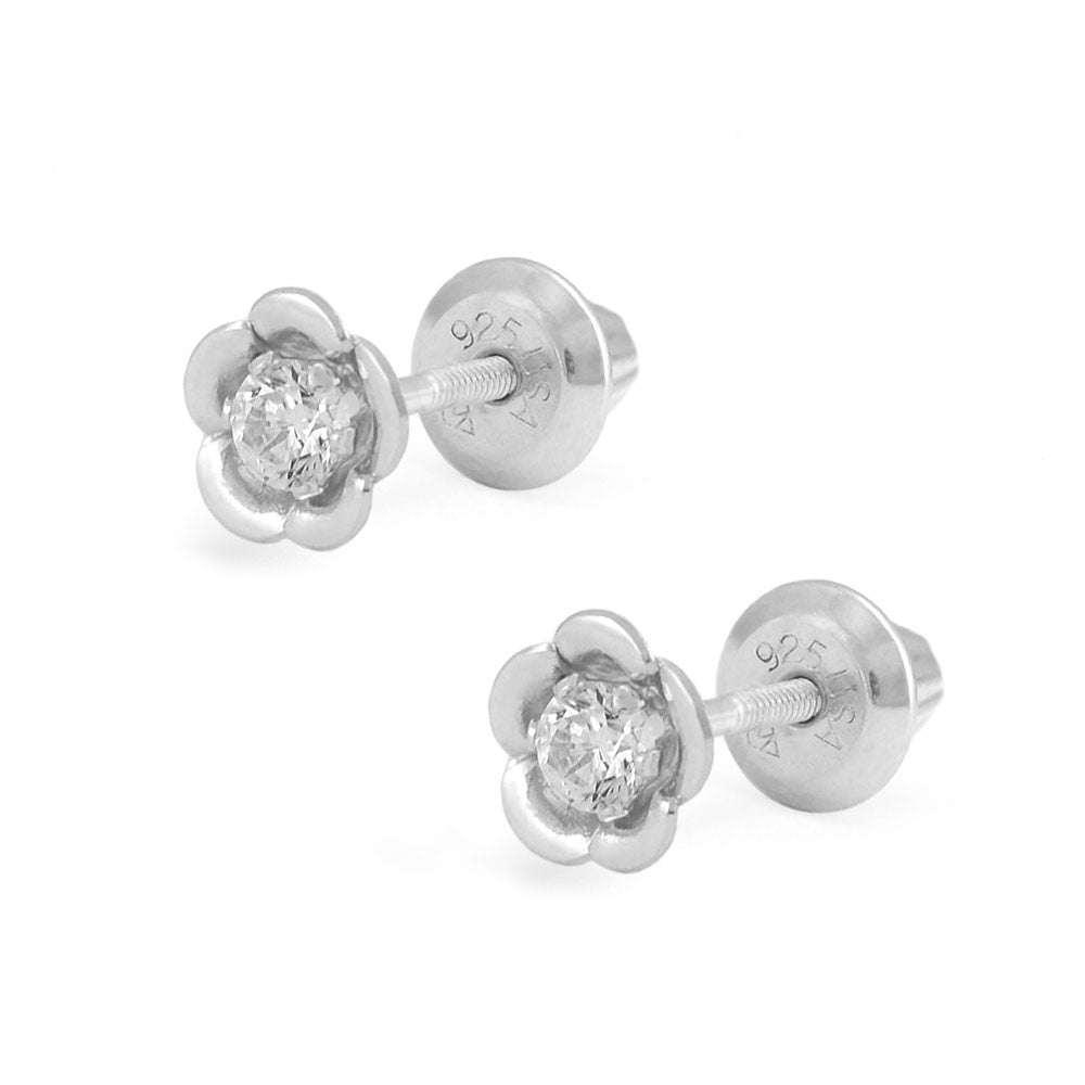 Little Girl 14K Yellow Gold Or Silver CZ Flower Shaped Screw Back Stud Earrings