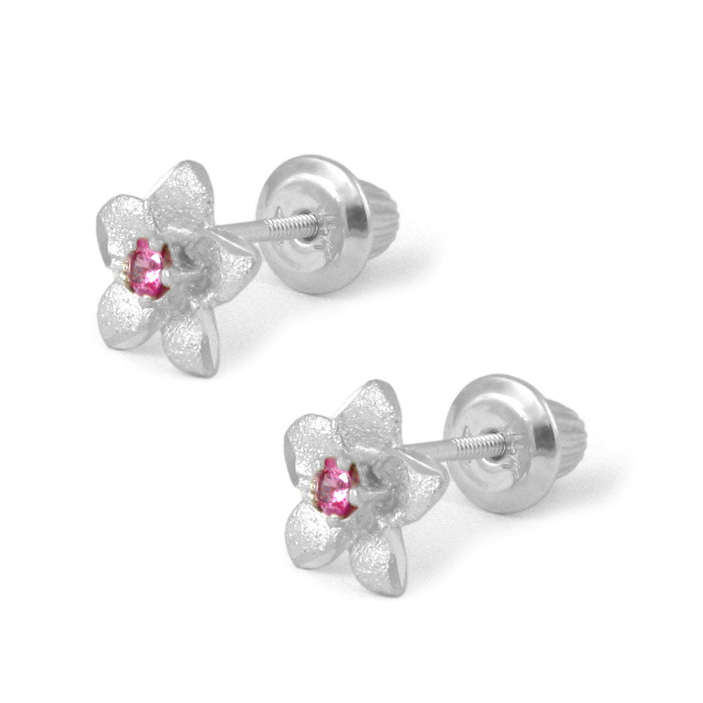 Girl's 14K Yellow Gold Diamond Or White Gold Pink Sapphire Plumeria Flower Studs